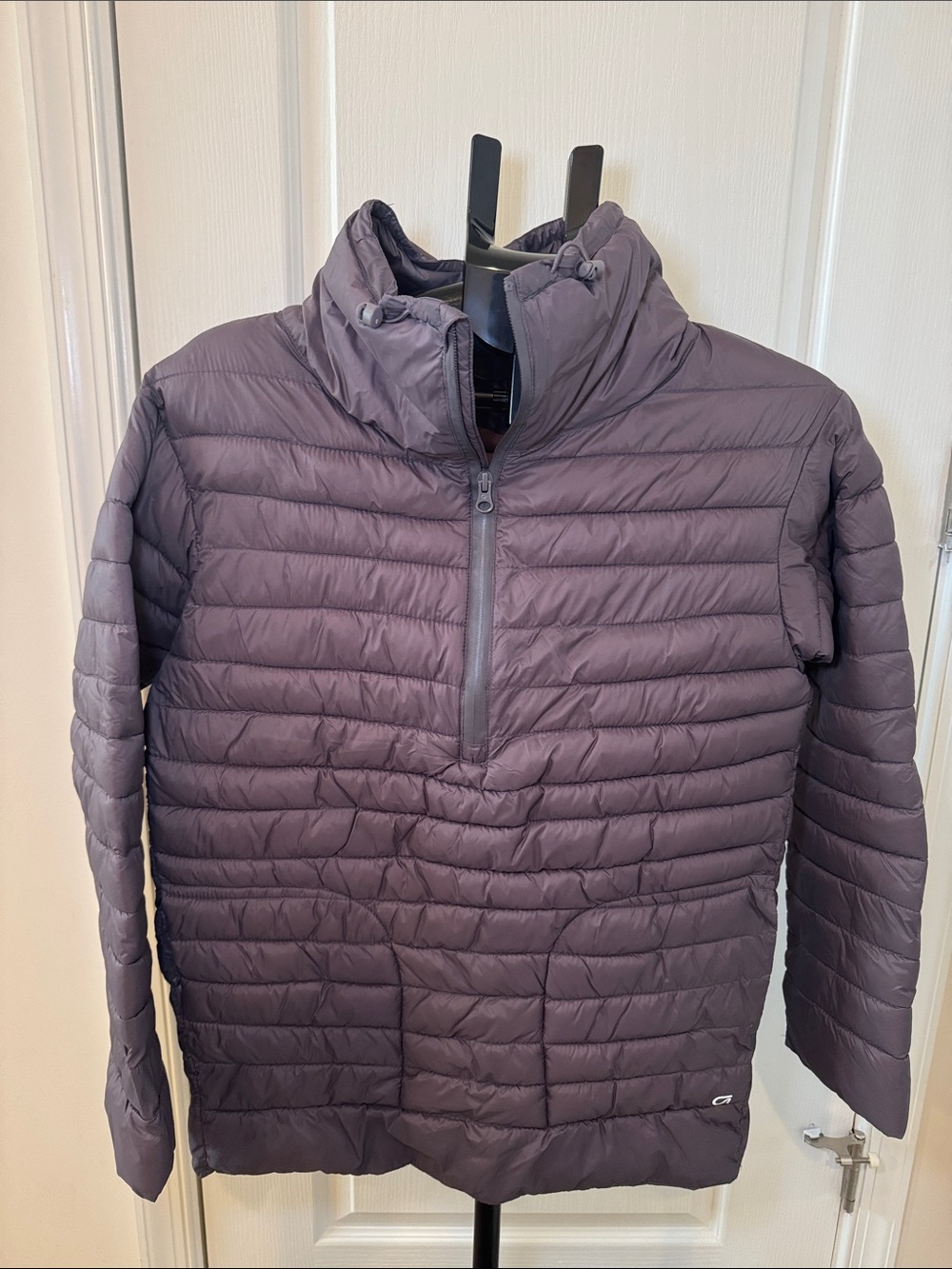 GAPFit Women’s Maternity Quilted Half-Zip Puffer Jacket in gray/purple.